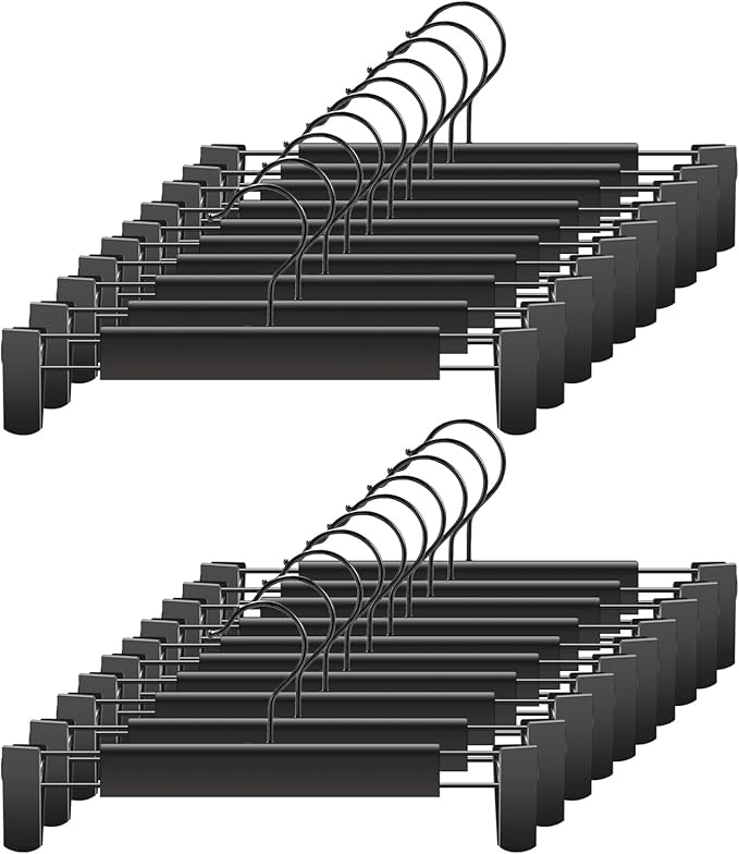 Clothes Pants Hangers, Space-Saving Skirt Holders with 360 ° Swivel Hooks, Adjustable Clips, Trouser Hangers, Clothes Coat Garment Jeans Hangers (20 Pack, Black)