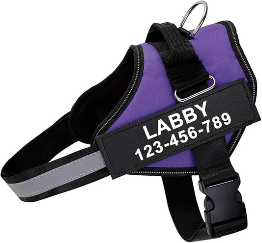 Custom No Pull Dog Harness with Name and Phone Number, Reflective Heavy Duty Personalized Pet Vest, Breathable Adjustable Harness (Purple, L)