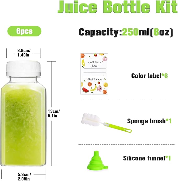 Plastic Juice Bottles, Reusable Juice Containers with White Tamper Proof Lids, Brush, Funnel and Labels, Clear Juice Containers for Juicing, Smoothie and Homemade Beverages (6PCS 8oz)