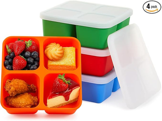 Roshtia 4 Pack Silicone Food Containers with Lids, Reusable Packs Bento Lunch Box for Meal Prep Food Storage, Microwave Dishwasher Safe(4 Compartment,Bright)