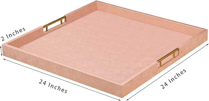 24x24 Inches Extra Large Champagne Faux Leather Wrapped Wood Ottoman Tray with Golden Handles for Serving Food Breakfast On Bed, Square Coffee Table Organizer, Home Decor and Decorative