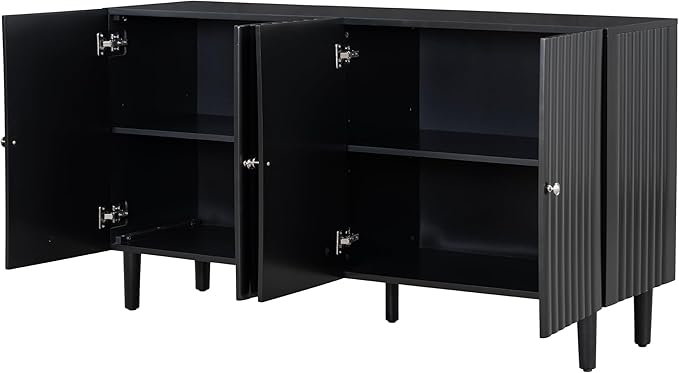 Modern Elegant Sideboard with 4 Wavy Pattern Doors and Cylindrical Legs, 58'' Storage Cabinets with Adjustable Shelves, Accent Entryway Cabinet for Living Room Hallway Kitchen (Black-4UV)