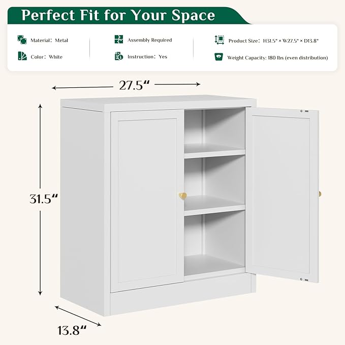 Storage Cabinet, Metal Bathroom Floor Organizers and Storage Cabinets, Freestanding Small Cabinet for Restroom, 3 Shlves Home、Bathroom、Living Room Cabinets - White