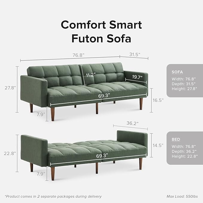 mopio 76.4" Futon Sofa Bed, Couch, Loveseat, Sleeper Sofa, Mid Century Modern Futon Couch, Sofa Cama, Couches for Living Room (Aaron PU, Sage Green)