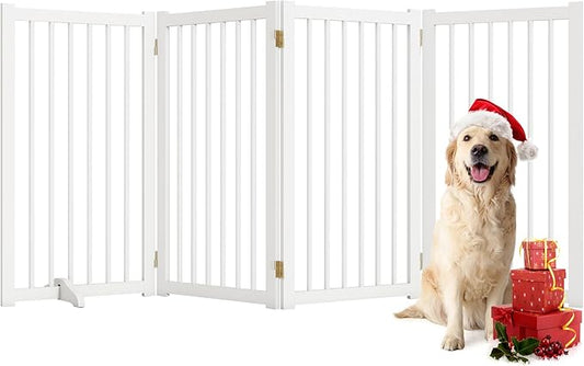 36" H Freestanding Pet Gate, Solid Wood Foldable Dog Gate with Support Feet, Wooden Tall Dog Gate for Doorway, Stairs & Indoor Use, 60" Wide Expandable Pet Fence, 4 Panels, White