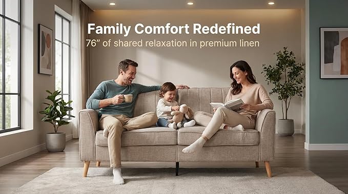 Artechworks Handmade Sofa Couch, 3-Seater 76" Wide W/Fresh Sand Gray Style Linen, Modern Mid-Century Fusion Stylish Couch French Piping Design Sofa for Living Room Apartment Lounge, Reception,Sand