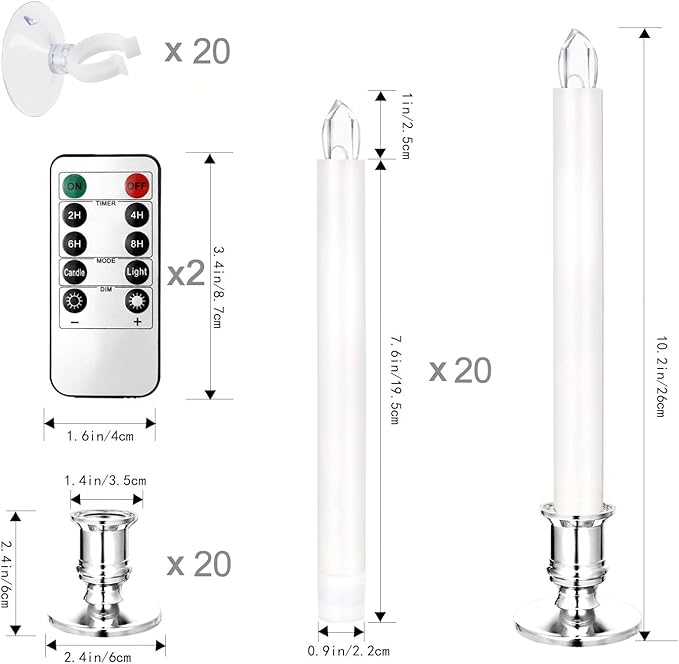 YAUNGEL Window Candles, 20 Pack LED Battery Operated Christmas Candles for Windows with Remote Timer Electric Candle Lights with Removable Candle Holders Suction Cups for Christmas Decorations, Silver