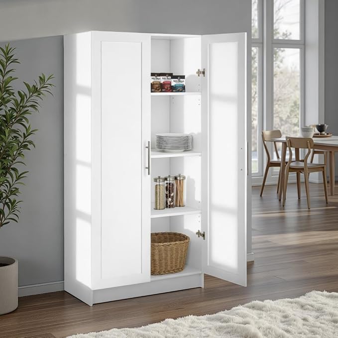 Prepac Elite 65" Tall Storage Cabinet with Panel Doors, Double Door Wood Kitchen Pantry, Dining Room Cupboard with 2 Adjustable and 1 Fixed Shelf, Free Standing Living Room Accent Cabinet, White