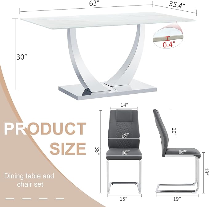 AZmac 63" Modern Dining Table Set for 4, White Dining Room Set for 4, Tempered Glass Kitchen Table and PU Leather Chairs, Marble Pattern Top with Sturdy Silver Chrome Base