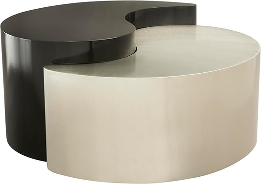 Modern Contemporary Luxury Ying-Yang 36" Coffee Table Set, Sculptural Design with Aluminum Frame for Living Room, Entryway, Home & Office, Black & Silver Dual Tone Coffee Table