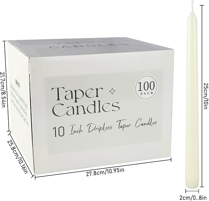 100Pack Ivory Taper Candles, 7-8 Hours Burn Time, Unscented, Smokeless and Dripless, 0.75 x 10 Inch Dinner Candle Set for Household, Wedding, Party and Home Décor Candlesticks