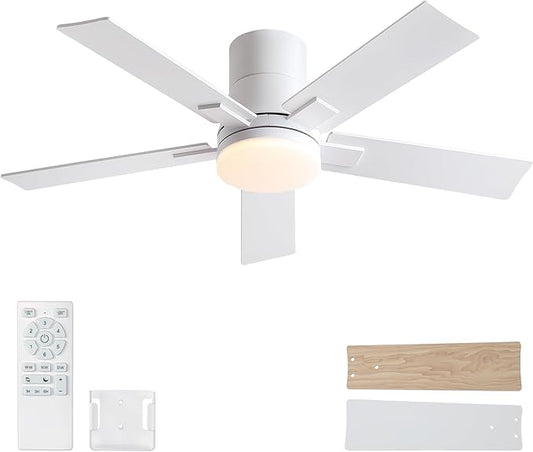 Rayqueen 42 Inch Ceiling Fans with Lights and Remote, Flush Mount White Ceiling Fan, 6 Speed Reversible DC Motor, 3CCT Dimmable LED-Low Profile Design for Bedroom, Living room & Covered Outdoor