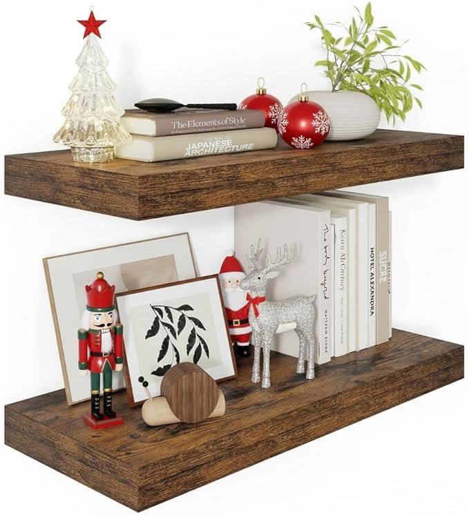 Vivelove 12" Deep Floating Shelves Over Toilet, 24" Wall Shelves for Bathroom Bedroom Kitchen Living Room Laundry Room, Farmhouse Rustic Shelves for Home Decor, 24" X 12" X 2" Set of 2, Rustic Brown