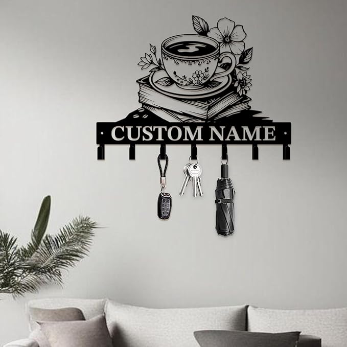 Coffee Bar Keys Holder - Metal Iron Wall Hooks with Custom Name | Personalized Home Decor & Gift Idea | Coffee-Themed Text Engraving Design (Style C)