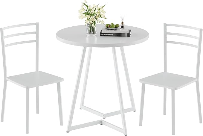 VECELO Small Round Dining Table Set for 2, Wood Tabletop with Strong Metal Frame, Modern Dinette with Chairs for Kitchen, Breakfast Nook Living Room, Pure White