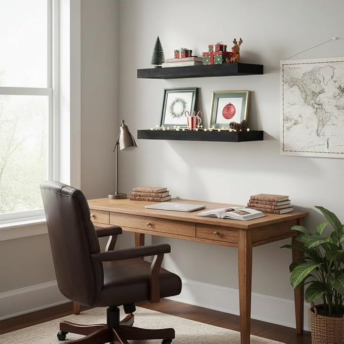 Black Floating Shelves for Wall 24 Inches Long, 12" Deep Wall Shelves 2" Thick, Heavy Duty Shelf for Bedroom, Bathroom, Living Room, Kitchen, Office, Home Decor, Modern Shelf Set of 2, 24" X 12" X 2"