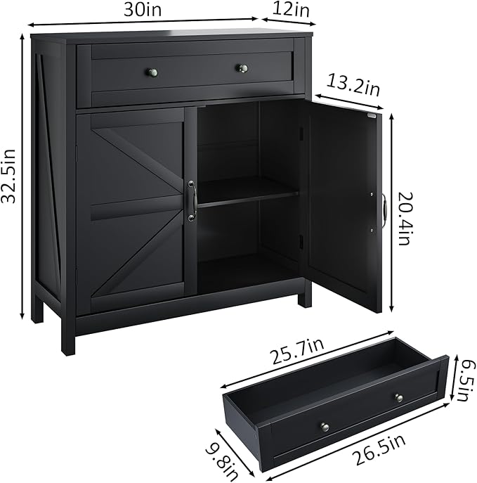Buffet Sideboard with 2 Barn Doors,Black Kitchen Cabinet with Adjustable Shelf, Freestanding Floor Storage Cabinet