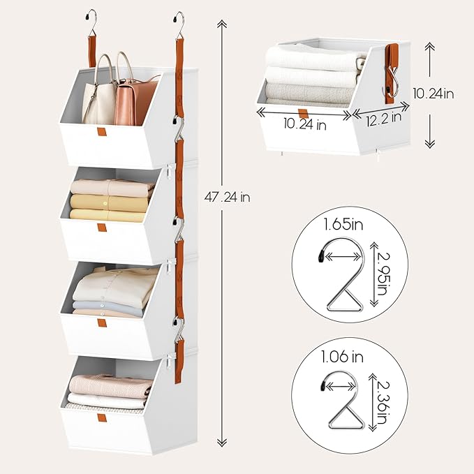 Hanging Closet Organizer 4 Tier - Clothes Hanging Shelves, Space-Saving Closet System, Fabric Storage Bins Bedroom Organization, Collapsible Baskets for Home, Dorm, Rv, White