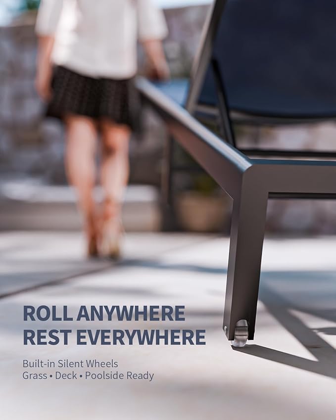 Aluminum Lounge Chairs Outdoor Chaise Furniture,2 Sets Patio Metal Deck Lounger Adjustable 5-Position Poolside Chase Recliner with Wheels for Beach,Coffee Table, (NavyBlue, 1 Chair)