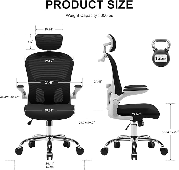 Ergonomic Computer Office Chair - Adjustable Lumbar Support, Headrest, High Back Mesh Desk Chair for Office and Home, 90-120° Reclining Task Chair with Flip-Up Arms (Black)
