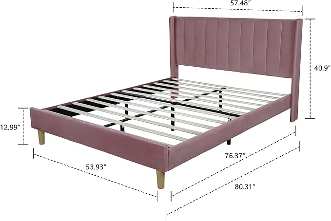 Low Profile Upholstered Platform Bed,Full Beds with Pink(Velvet)