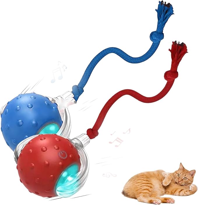 Dog Toy, 360° Rolling Interactive Ball Cat Toy with Realistic Bird Chirping Sounds, Fast Moving Balls Toys for Pets | Automatic Obstacle Avoidance, Rechargeable, Tough (Red+Blue)