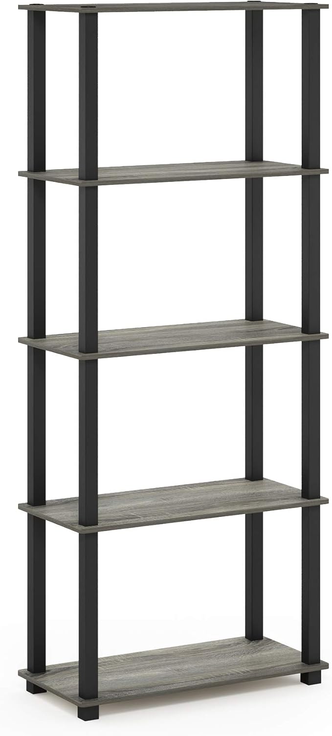 Furinno Turn-N-Tube 5-Tier Multipurpose Shelf / Display Rack / Storage Shelf / Bookshelf, Square Tubes, French Oak Grey/Black