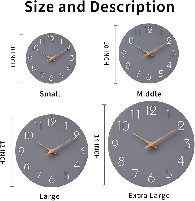 Mosewa Wall Clock 8 Inch Gray Battery Operated Silent Non Ticking Simple Modern Wood Clock Decorative for Bedroom Living Room Kitchen Home Bathroom Office