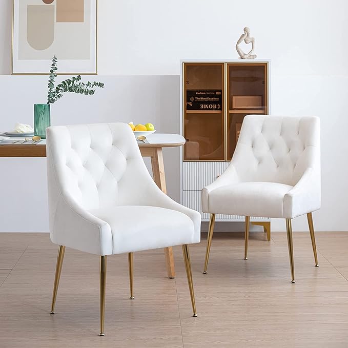 Modern Dining Chairs Set of 6, Mid Century Chairs with 5.12” Cushions and Golden Legs, Velvet Upholstered Dining Chairs with Back Pull Rod, for Kitchen, Living Room, Beige