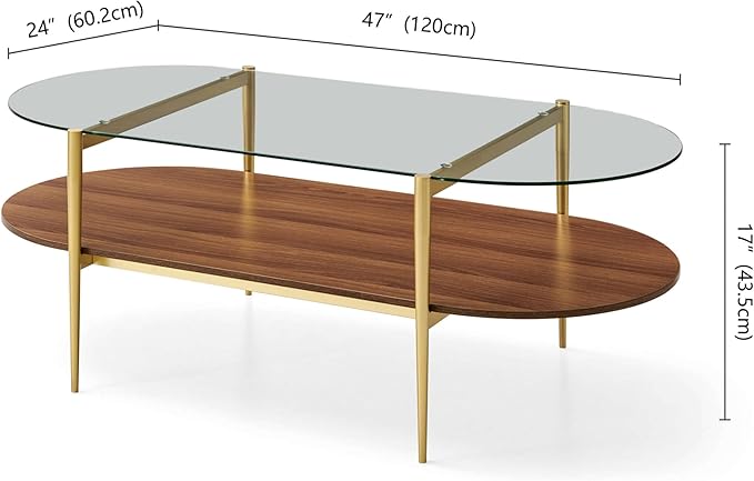 X-Large Oval Glass Coffee Table, Mid-Century Modern Design, L47 x W24 x H17 inch, for Living Room, Clear Glass Top and Walnut Finish Wood Shelf, Conical Legs with Gold Finish Frame