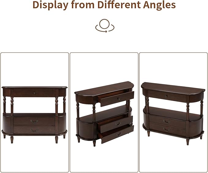 HMFULE Solid Wood Retro Curved Console Table, 43" Half Moon Console Table Sofa Table Entryway Table with 3 Drawers Open Shelf Pine Roman Legs Curved Corners for Living Room,Entryway,Hallway,Espresso