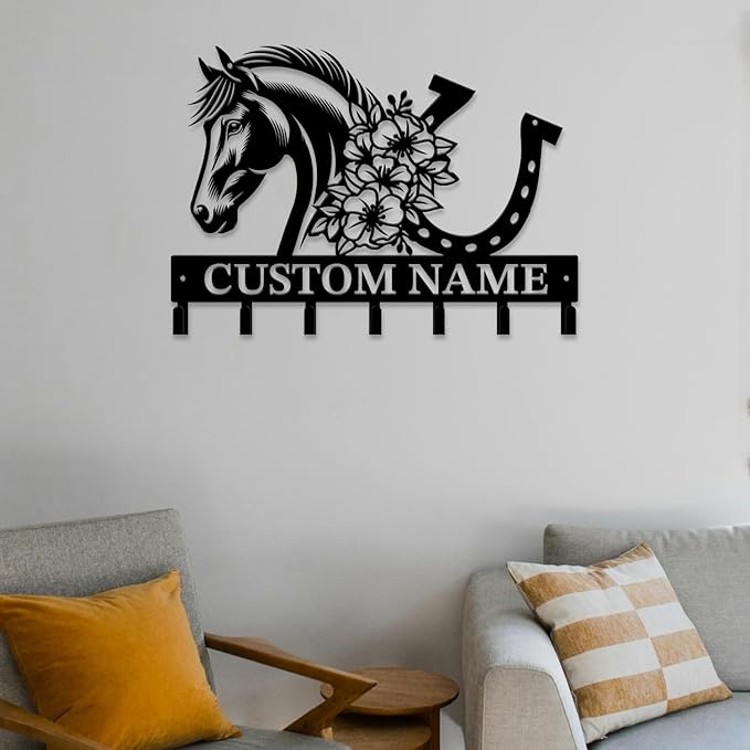 Personalized Custom Name Farm Horse Wall Key Hooks,Metal Horse Art Clothes Hooks,Metal Horse Wall Home Storage Decorative,For Front Door, Hallway, Kitchen, Bedroom,Keys,Hats (Style H)