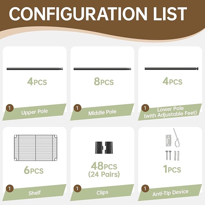 6 Tier Shelf Adjustable Storage Mesh Gaps Metal Utility Shelves Wire Shelving Unit Organizer Rack for Home Kitchen Office Bathroom Pantry Room10 D x 16" W x 60" H Black