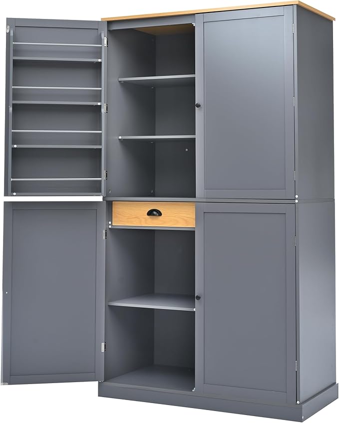 Merax 71.3" Tall Kitchen Storage Cabinet Pantry Wood Freestanding Large Cupboard with 2 Drawers,2 Adjustable Shelves,8 Door-Shelf for Dining Room,Grey