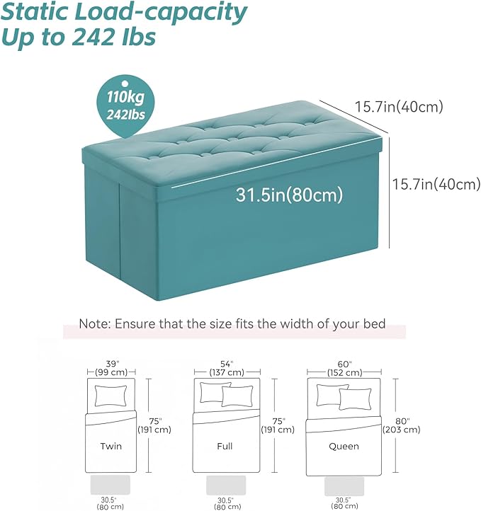 BRIAN & DANY Folding Storage Ottoman Bench, Ottoman with Storage, Foot Rest, Benches Seat for Bedroom, Living Room, Entryway, Long Shoes Bench, 15.7" x 31.5" x 15.7" Teal