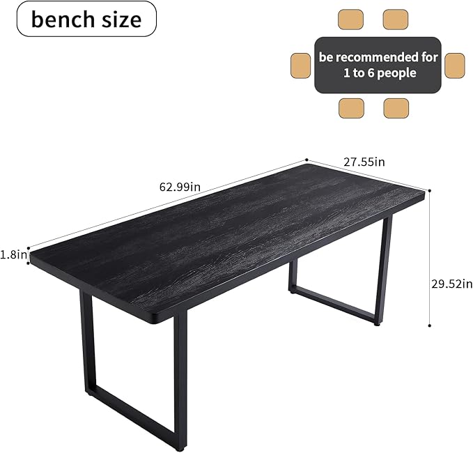 Modern Solid Wood Dining Table with Metal Base Stylish Durable Dining Room Table in Black Multiple Sizes Home Use Office Desk(62.99in)