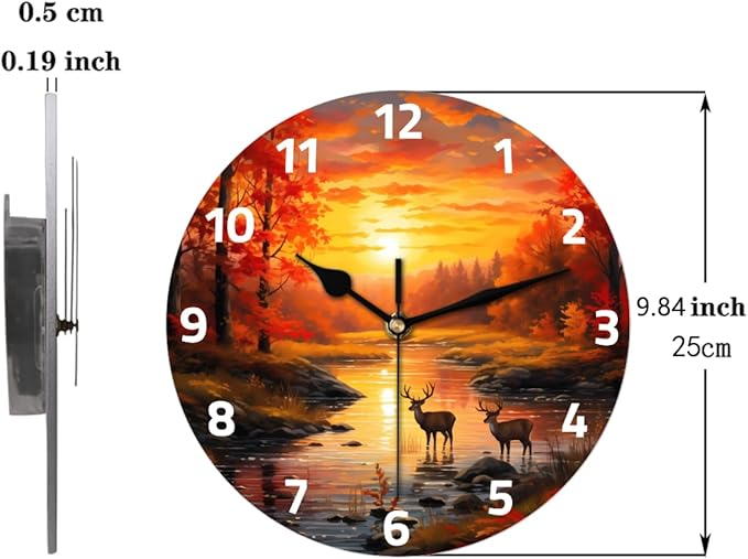 Forest River Sunset Deer Wall Clock Battery Operated 10 in Round Wall Clocks Slilent Non Ticking Quartz Analog Clock for Bedroom Kids Living Room Classroom Decor