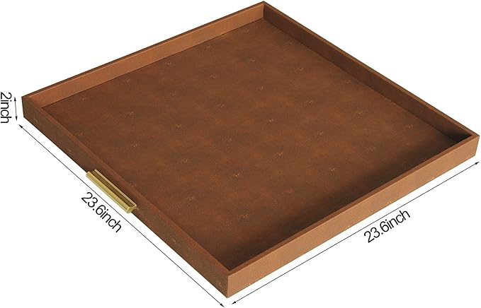 HofferRuffer Extra Large Square Serving Tray, Elegant Faux Leather Ottoman Tray with Gold Hardware Handles, Serve Tea, Coffee or Breakfast in Bed, 24 x 24 inches (Brown Shagreen)