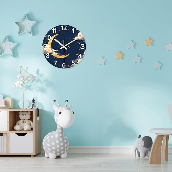 Moon Battery Powered Clock Analog 12 Inch Round Glow in The Dark Wall Clock for Kids Bedroom Small Wall Clock Silent