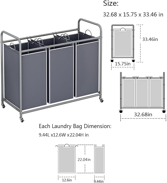 LINZINAR 3-Bag Laundry Sorter,Laundry Hamper Cart with Heavy Duty Rolling Lockable Wheels and Removable Bags (Grey)