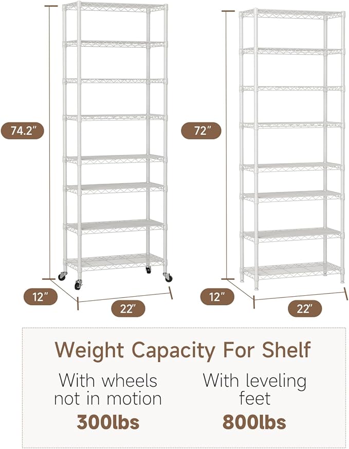 8 Tier Adjustable Storage Shelves Heavy Duty Metal Shelf Wire Shelving Unit Organizer Rack for Home Kitchen Office Pantry Room Bathroom Shelving Organizers and Storage Laundry