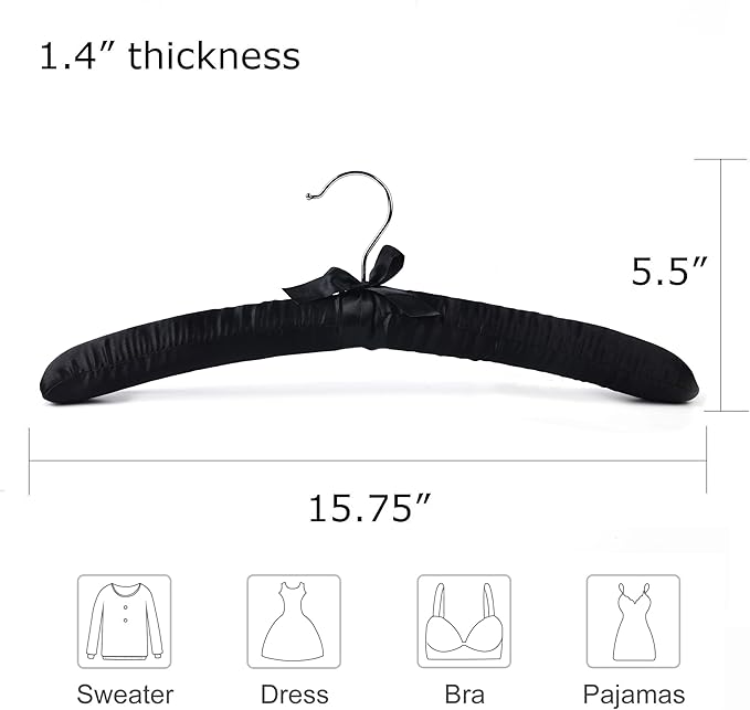 Black Satin Padded Sweater Hangers 10 Pack, Blouse Hanger with Thick & Soft Foam for Bridal Wedding Dress Lingerie, Smooth Silk Covered Shirt Hanger Without Shoulder Bump
