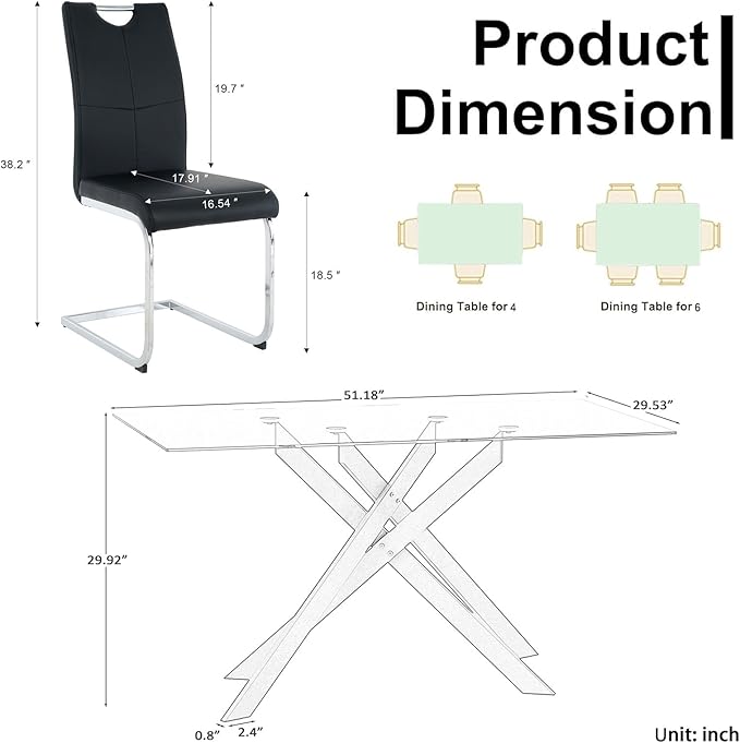 Goujxcy Modern Black Glass Dining Table Set for 6, Glass Kitchen Table and Chairs Set of 6, 7 Piece Dining Table Set with 51" Rectangle Dinner Tables and 6 PU Leather Dining Chairs