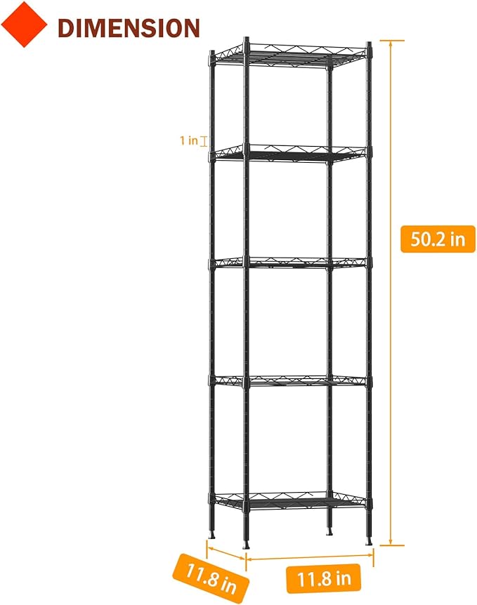 5 Tier Standing Metal Wire Shelving Unit, Adjustable Height, Storage Shelf Units for Laundry Bathroom Kitchen Pantry Closet (11.8" D x 11.8" W x 50.2" H inches, Black)