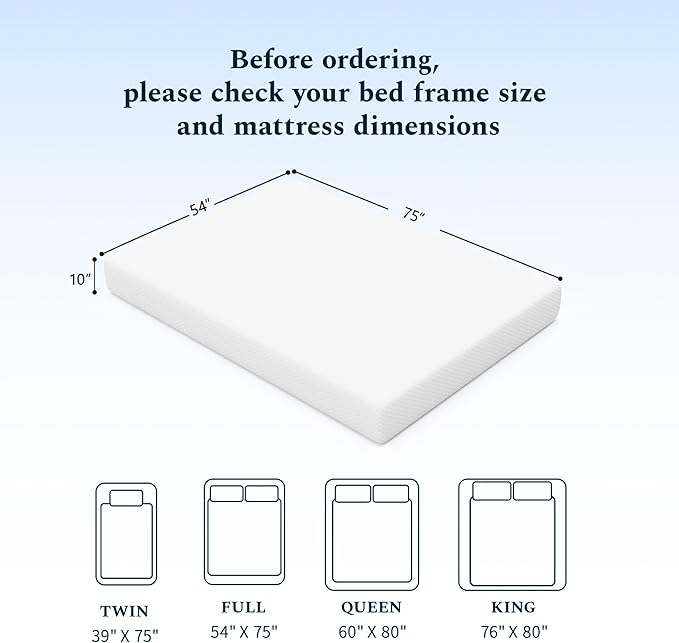 Full Mattress, 10 Inch Memory Foam Mattress in a Box, Fiberglass Free Full Size Mattresses for Pressure & Pain Relief, Soft and Comfortable