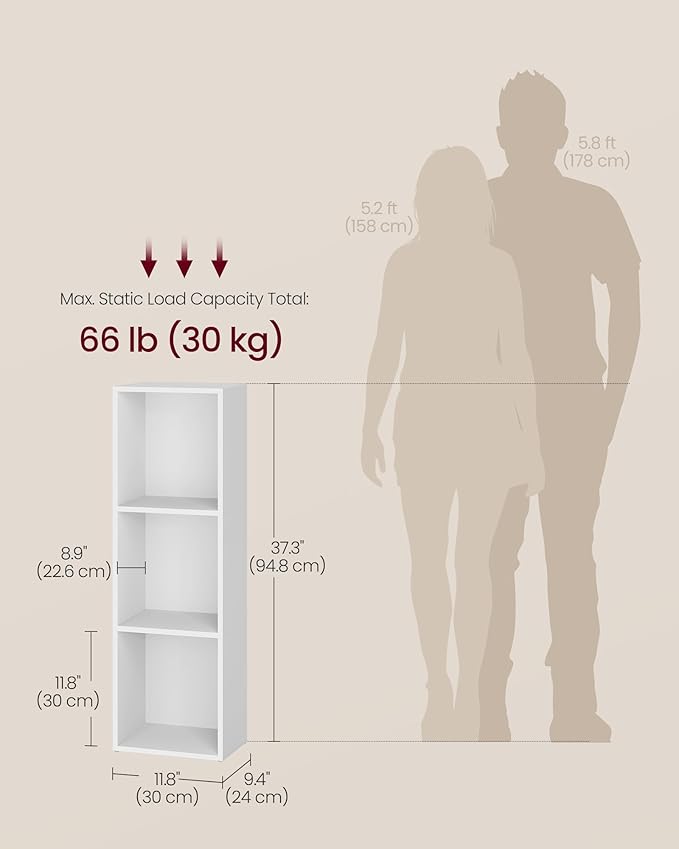 VASAGLE Custos Collection - Bookshelf, 3-Tier Bookcase, Book Shelf, Open Storage Shelf, 9.4 x 11.8 x 37.3 Inches, for Living Room, Home Office, Dining Room, Cloud White ULBC433W01