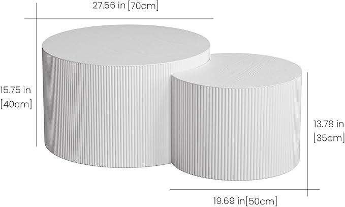 Round Nesting Coffee Table,Modern Fluted Coffee Tables Set of 2, Circle Vertical Stripe Design Drum Center Table Crescent Side Accent and Tables for Living Room (White)
