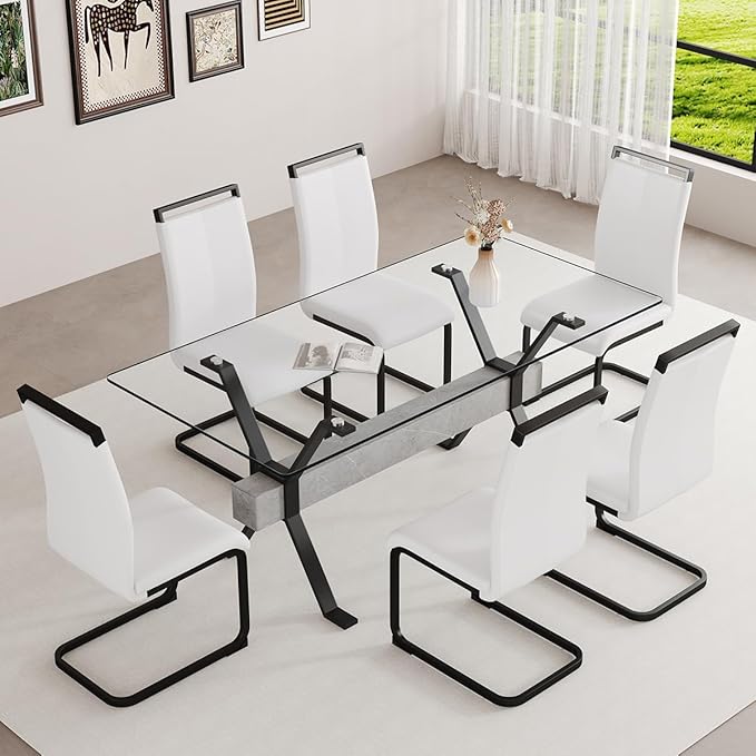 Glass Dining Table 71"｜Modern Dining Table for 6｜0.4" Thick Tempered Glass Top｜Matte Black Metal Legs｜Grey Crossbar｜Easy Assembly｜Perfect for Dining Room or Kitchen