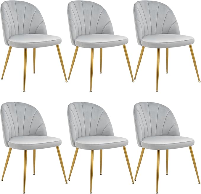 Velvet Dining Chairs Set of 6, Upholstered Mid Century Modern Dining Chairs, Armless Accent Chair with Metal Gold Legs for Living Room, Kitchen, Dining Room, Grey