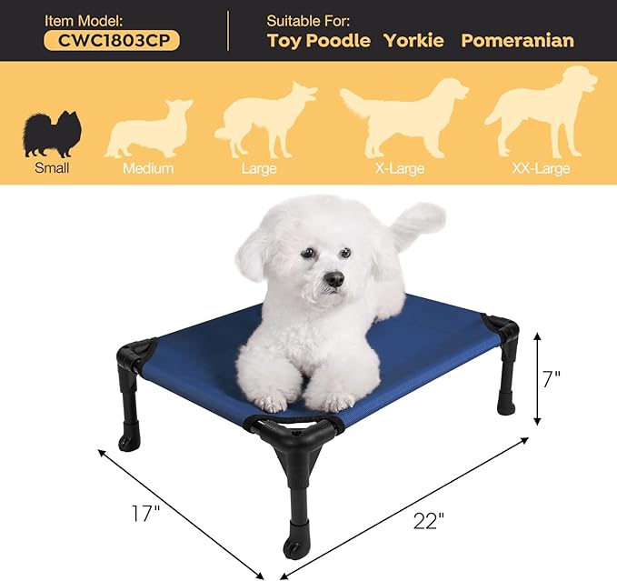 Veehoo Outdoor Elevated Dog Cot Bed, Cooling Raised Pet Bed for Small Dogs, Washable Breathable Mesh Hammock Bed with No-Slip Feet, Indestructible Ground Off Training Platform Cot-22"x17" Blue